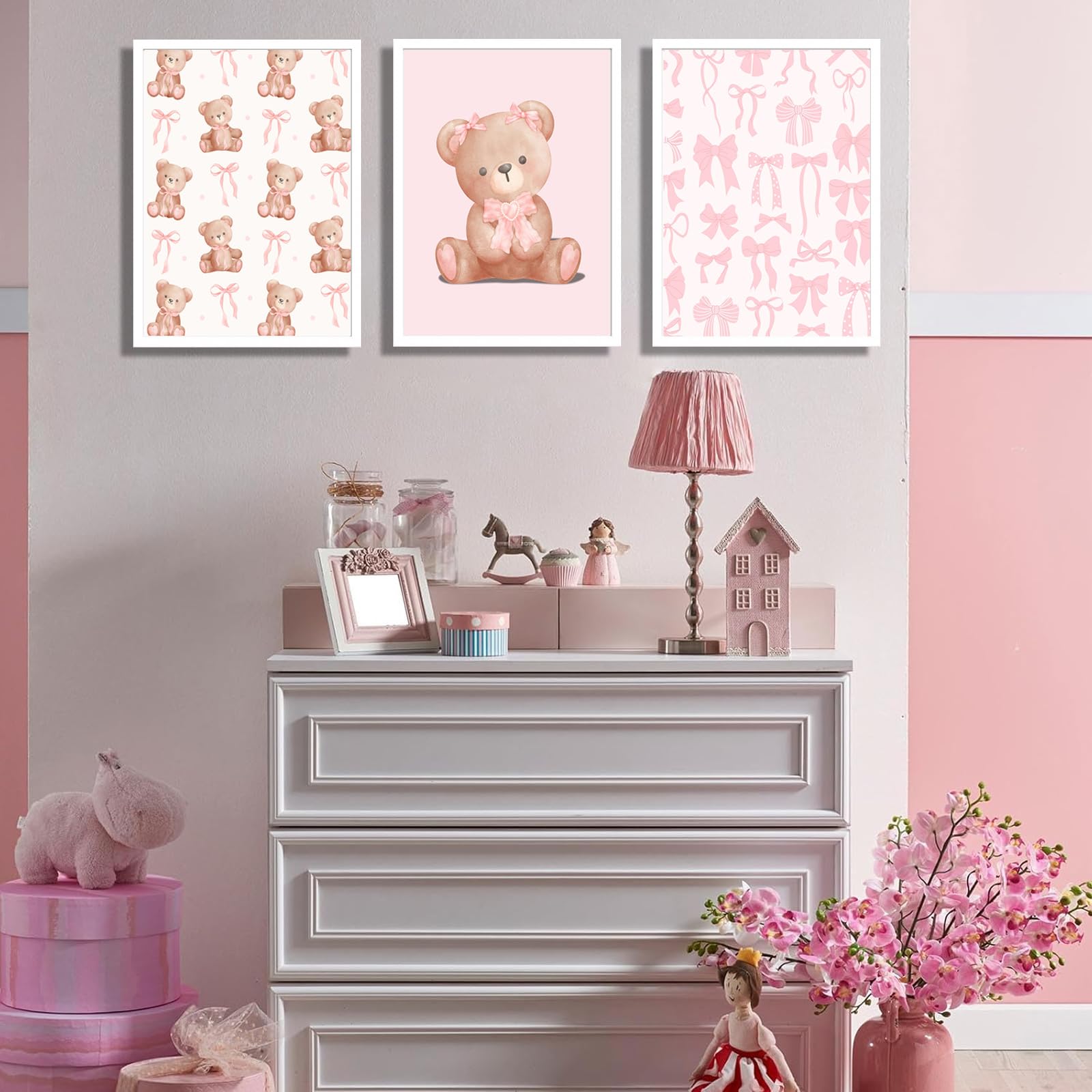 Pink Teddy Bear Wall Art Coquette Bow Wall Decor Pictures Cute Animal Nursery Canvas Posters Prints 3Pcs