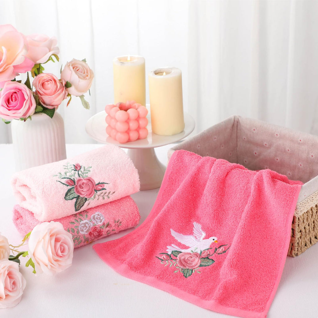 Rose Floral Hand Towels Farmhouse Pink Rose Bathroom Decor 14x29 Inch Embroidered Decorative Cute Summer Flowers Hand Towels Cotton Soft Absorbent Towels for Bathroom Kitchen