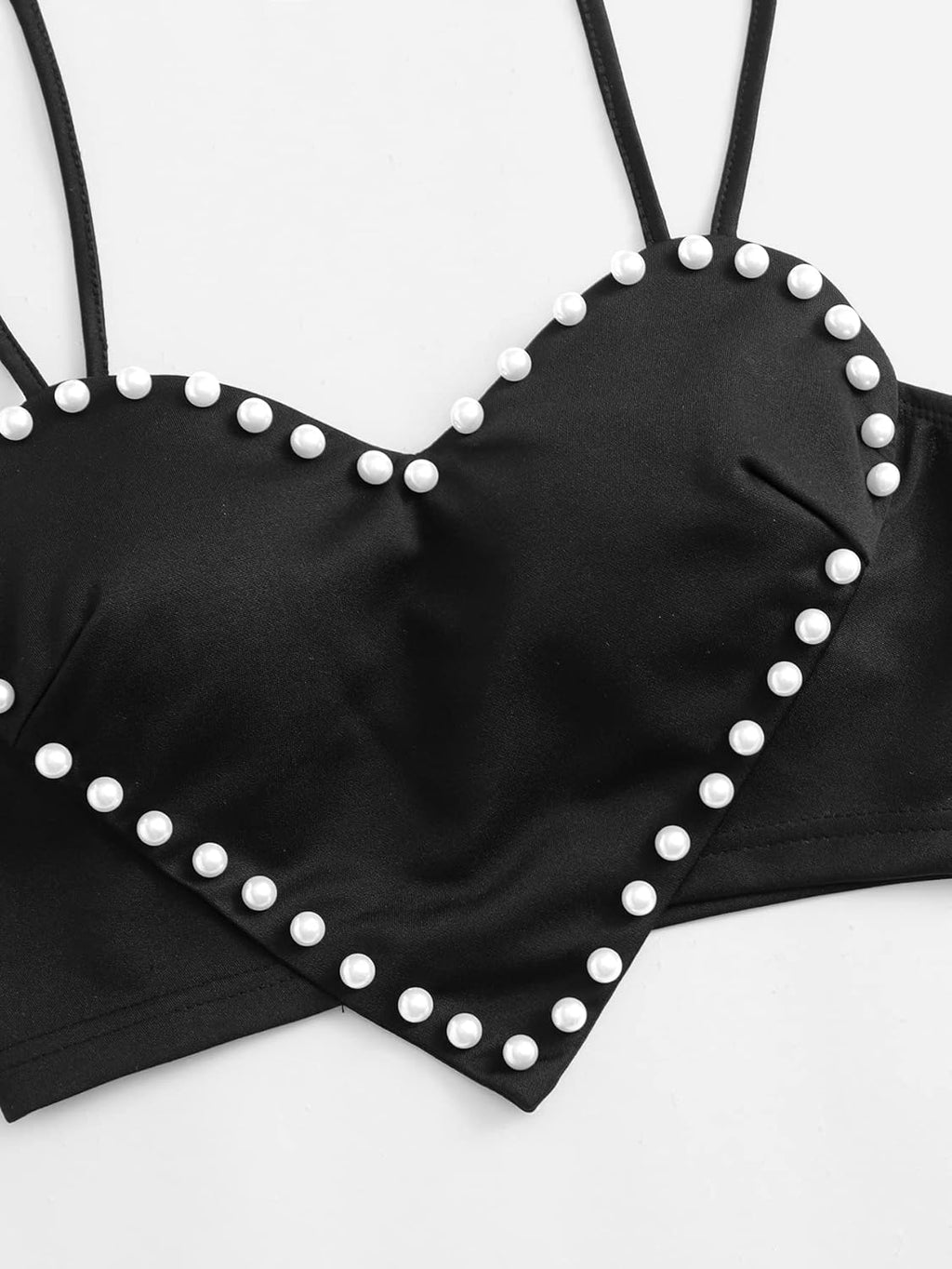 Women's Pearls Sleeveless Asymmetrical Hem Heart Crop Cami Top Sexy Camisole