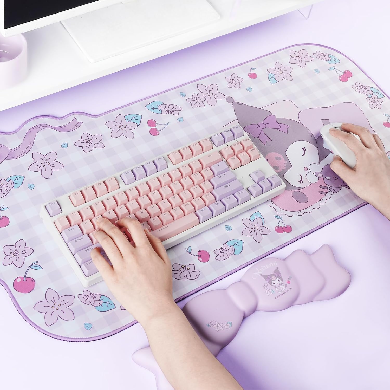 Kawaii Anime Mouse Pad Wrist Rest Support Set - Non-Slip Desk Mat and Memory Foam Bowknot Wrist Rest for Keyboard and Mouse,Perfect for Gaming or Home Office Work