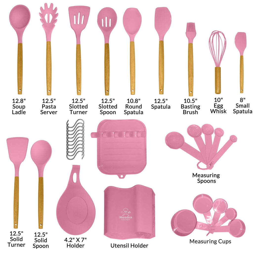 Silicone Cooking Utensils Set with Wooden Handles â€?Food-Grade, BPA-Free & Heat Resistant Kitchen Tools for Nonstick Cookware, Includes Holder & Hooks 33-Piece
