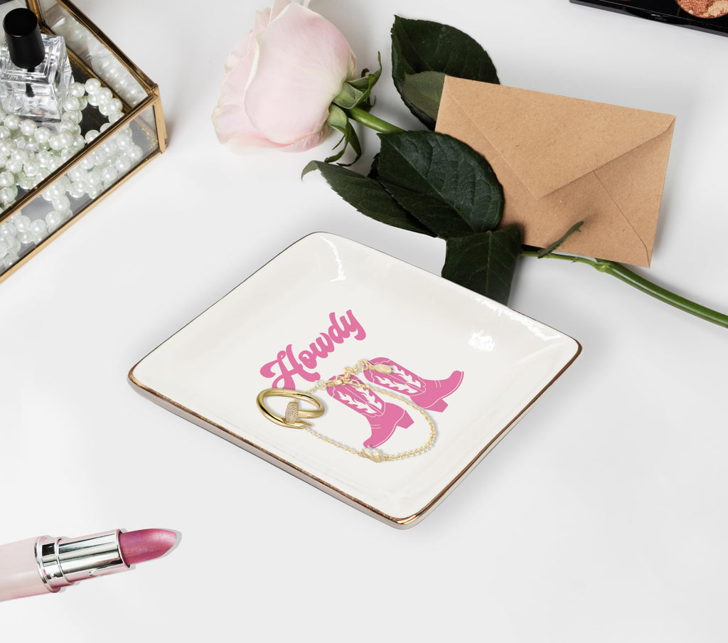 Ceramic Jewelry Tray Dish, Pink Print Jewelry Plate Trinket Dish