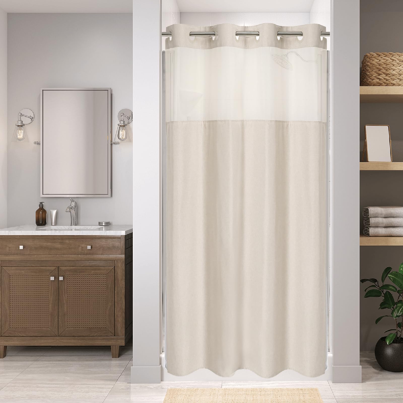No Hooks Needed Linen Textured Shower Curtain with Snap-in Fabric Liner Set, Luxury Decor Shower Curtains for Bathroom with Mesh Top Window, Waterproof & Washable