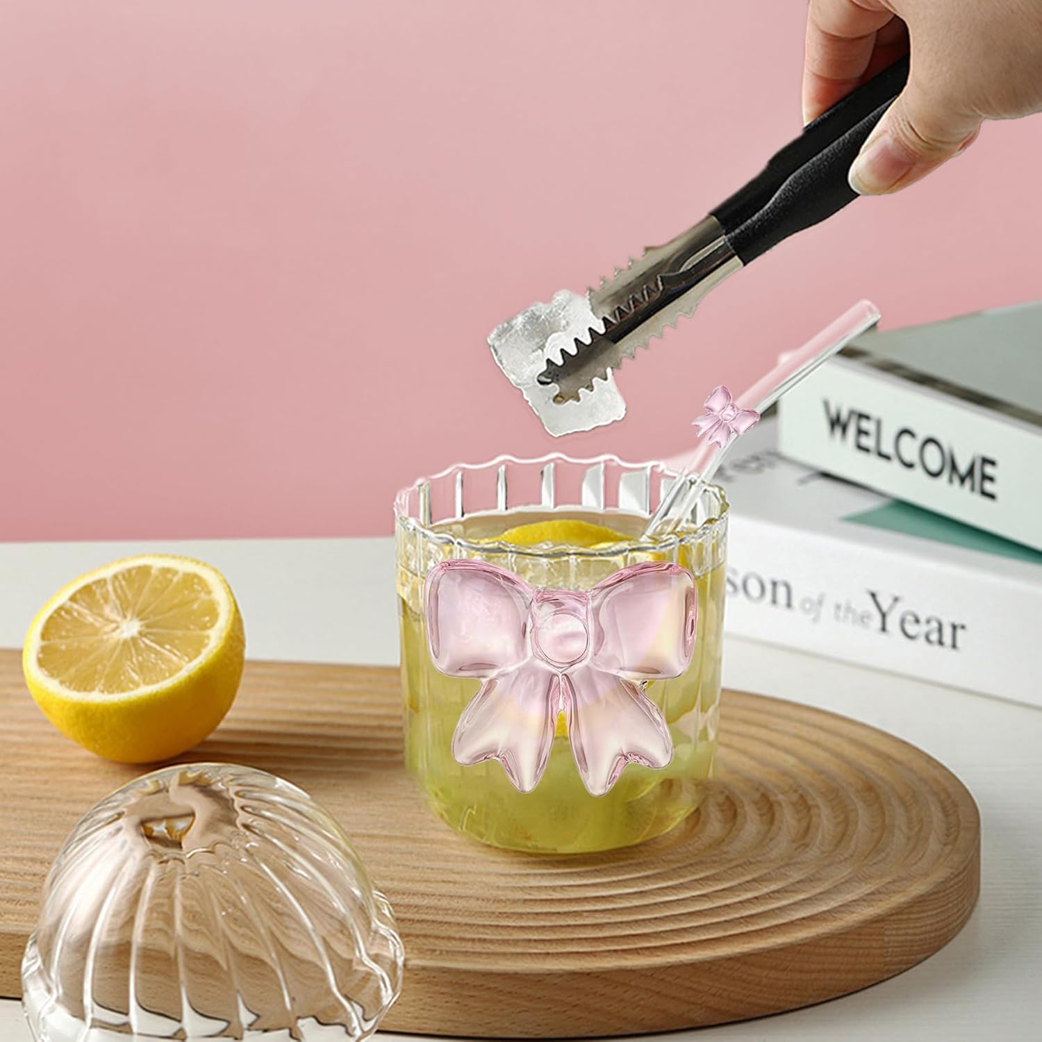 Coquette Cute Pink Bow Glass Cup with Lid And Straw, Aesthetic Glass Tumbler