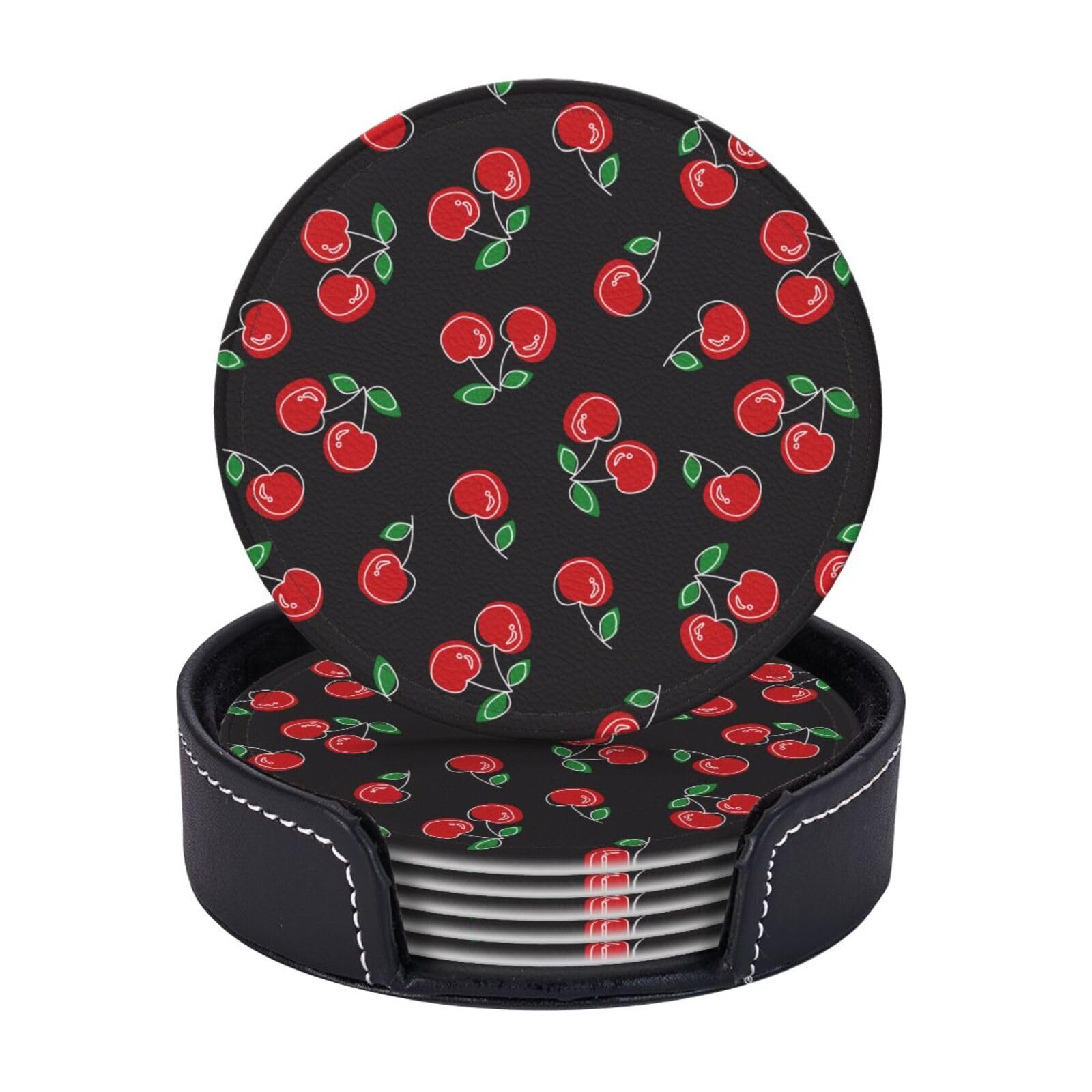 Coasters for Drinks Round Leather Coaster with Holder Set of 6 for Tabletop Protection