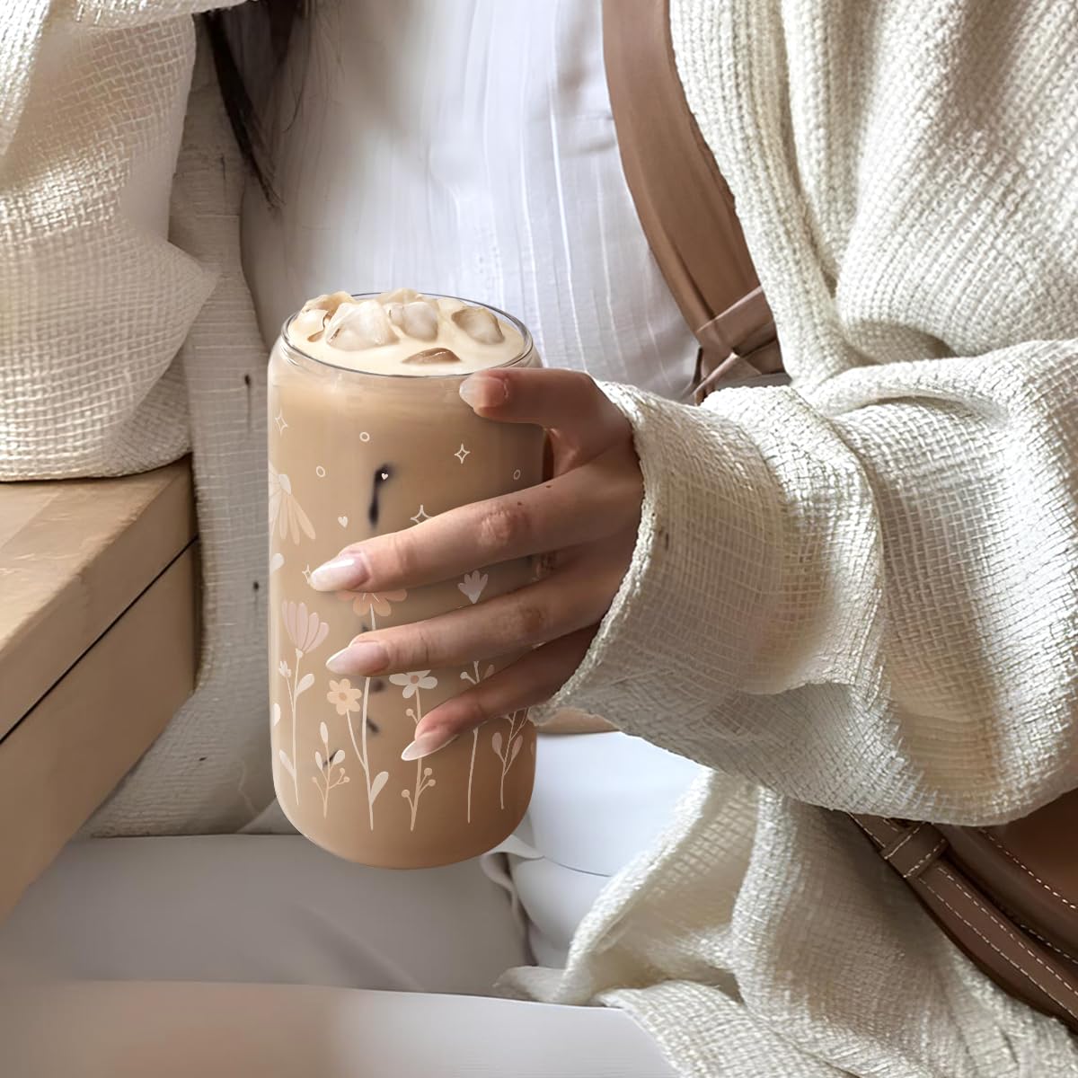 Glass Cup with Lid & Straw, Iced Coffee Aesthetic Glass Can, 16oz