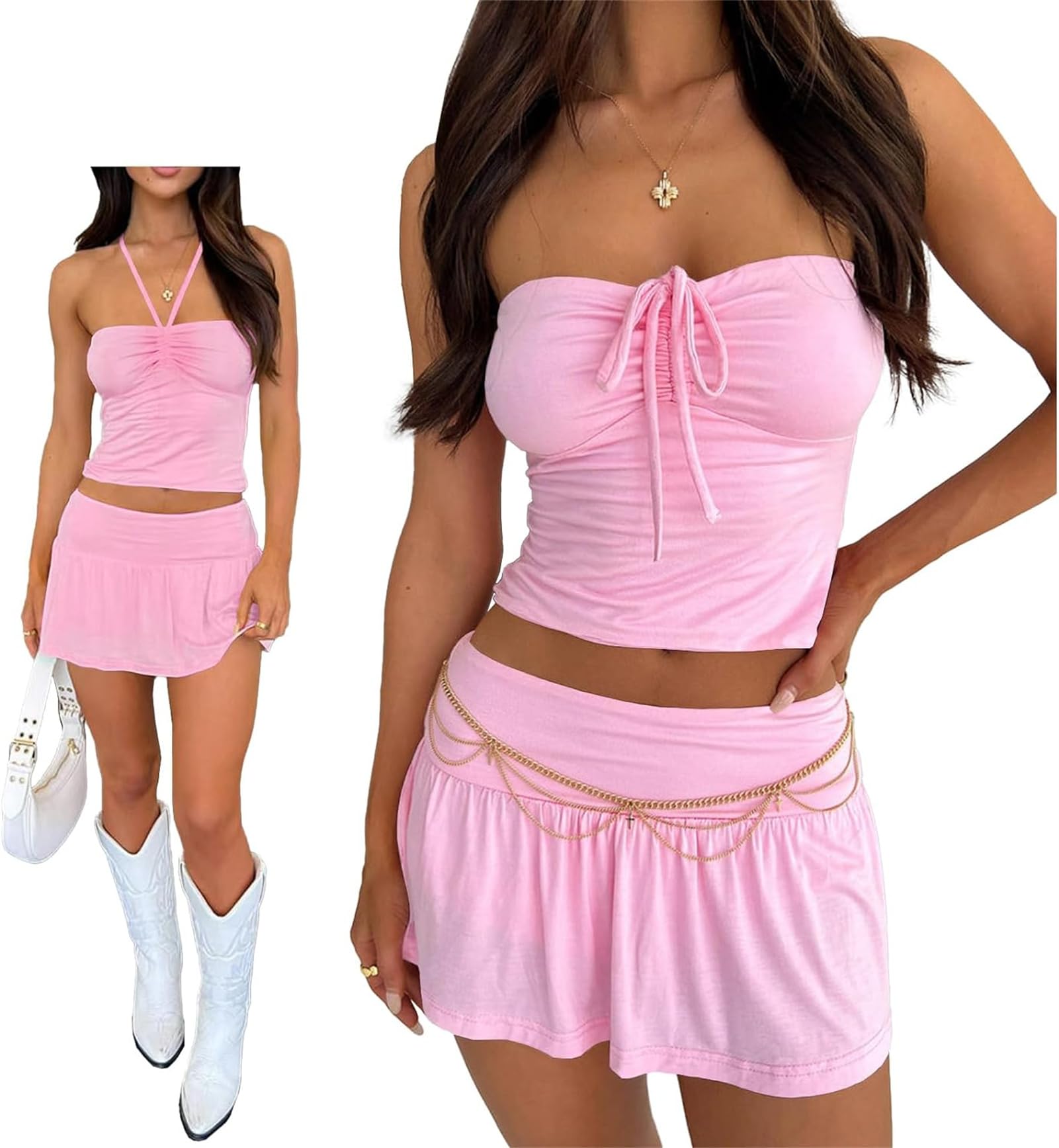 Women Sexy Summer 2 Piece Sets Drawstring Ruched Crop Tube Top Low Rise Ruffle Mini Skirts Sets Y2k Outfits