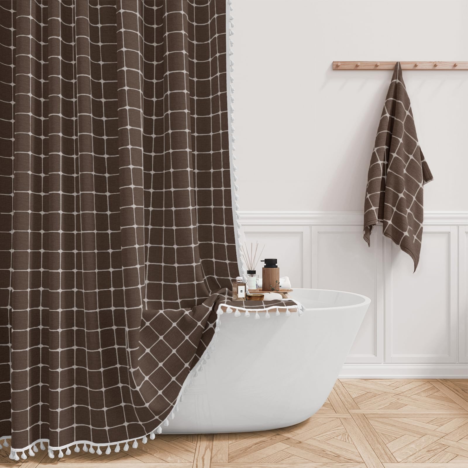 Vintage Boho Shower Curtain - Linen Rustic Heavy Duty Fabric with Tassel, Water Repellent