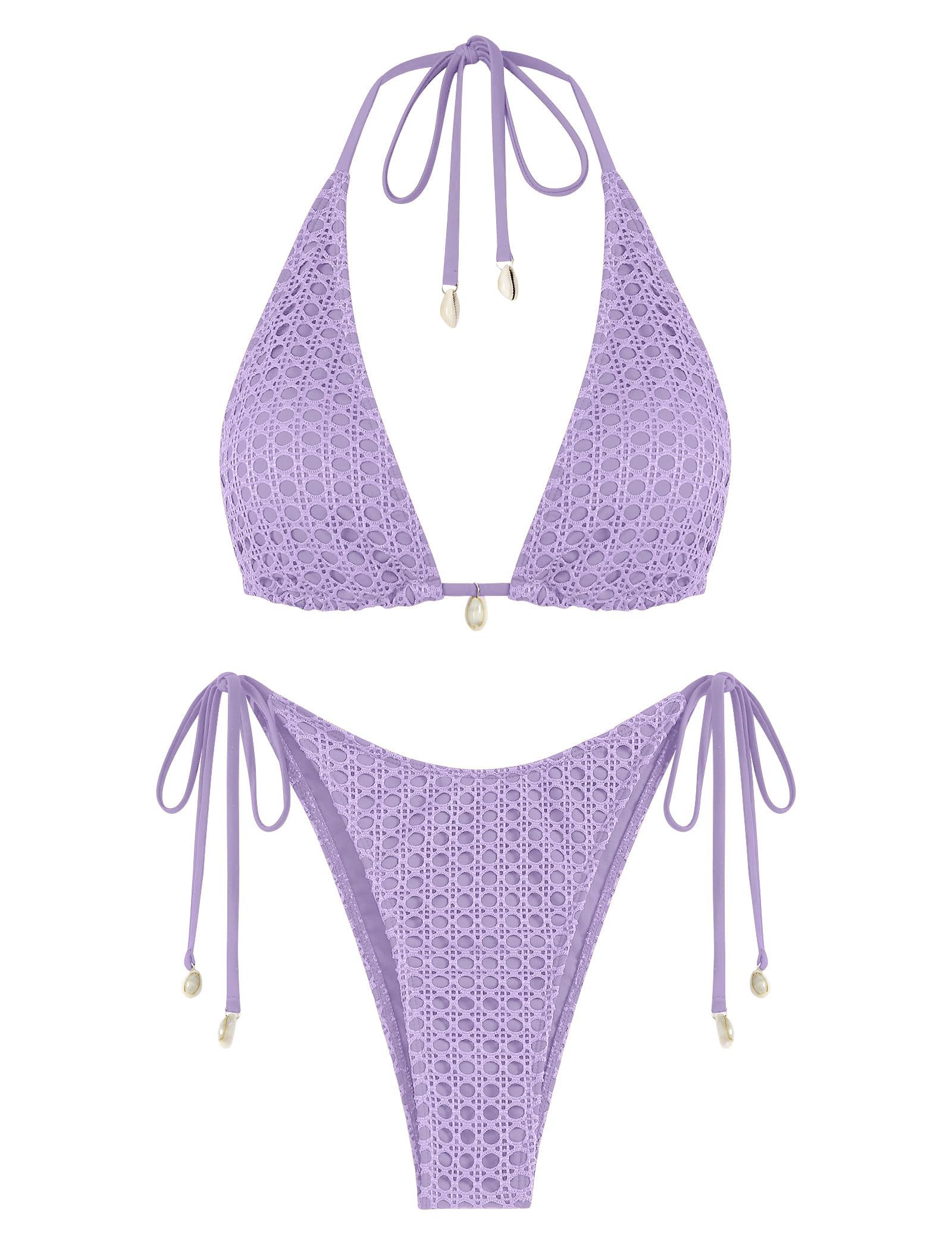 Women's Multiway Triangle Bikini â€?Fishnet Tie-Side Bandeau & Halter Swimsuit Set