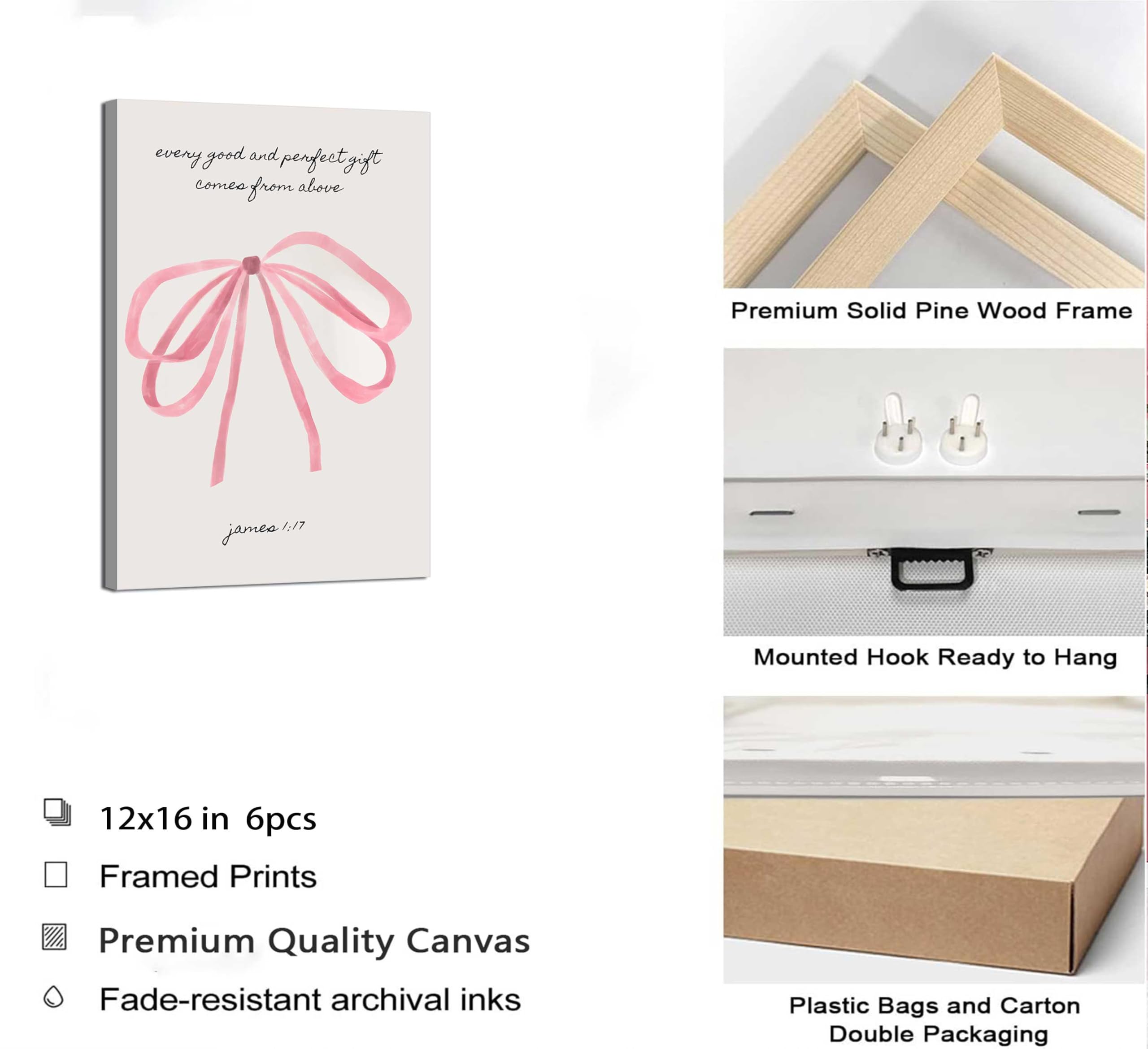 Wall Art Pink Bow Verse Canvas Paintings Decor 6Pcs