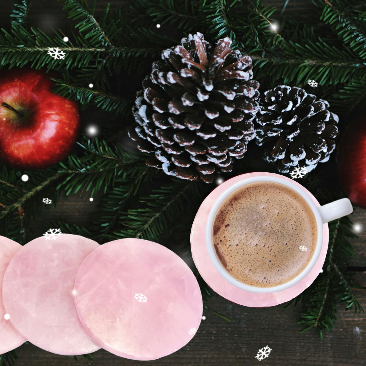 Pink Crystal Coaster Set of 4 Rose Quartz Slices Cup Mat with Rubber Bumper