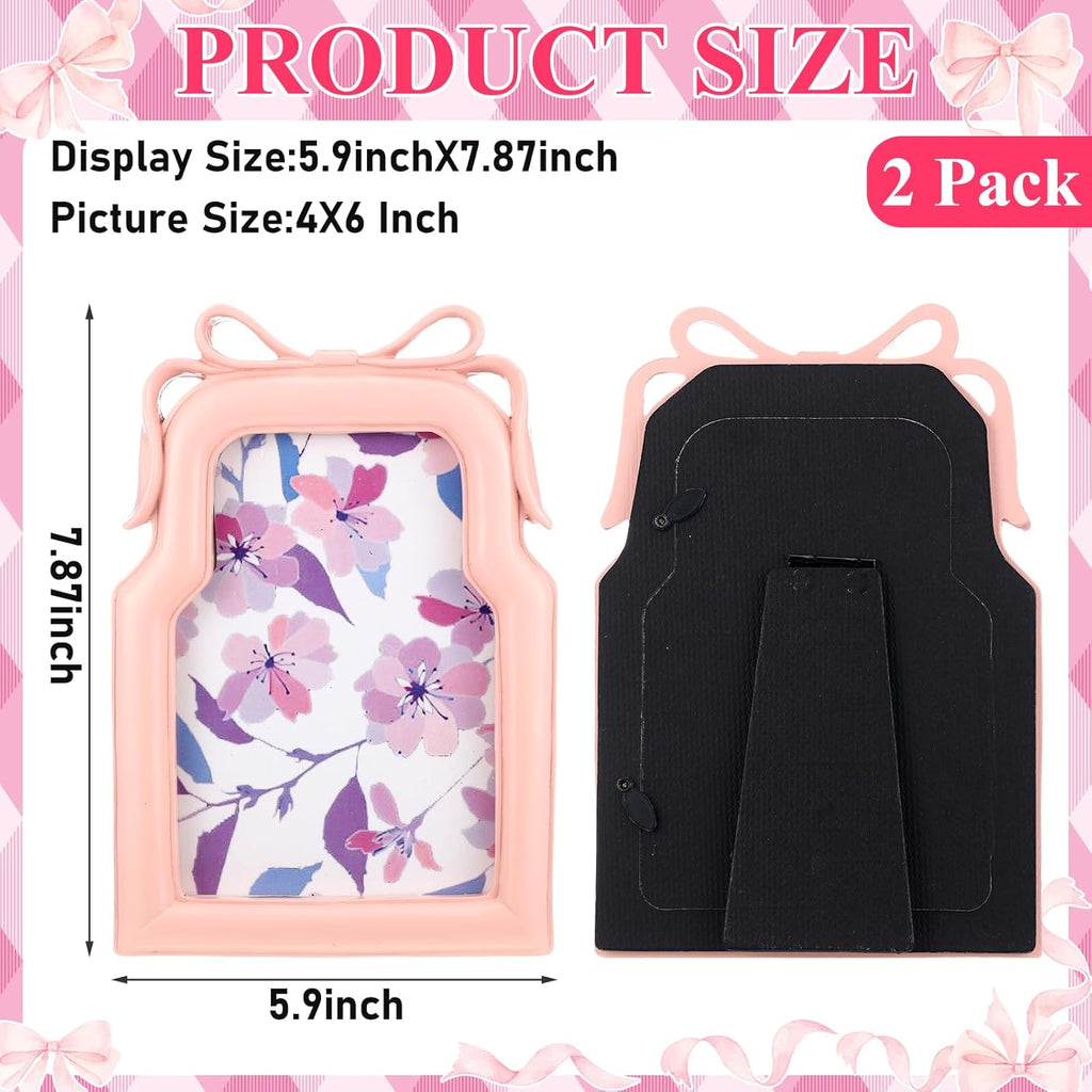 Pink Bow Picture Frame 4x6 Inch 3D Coquette Display Resin Photo Frames Cute Ribbon Bow Design 2 Pcs