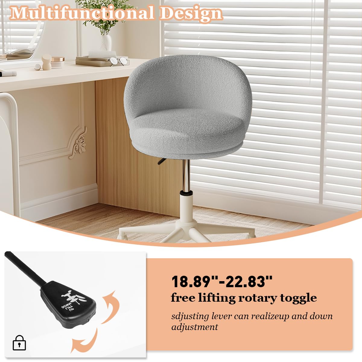 Modern Vanity Chair with Back, 360° Swivel Makeup Desk Chair Small Office Chair with Wheels, Height Adjustable Armless Computer Task Chair