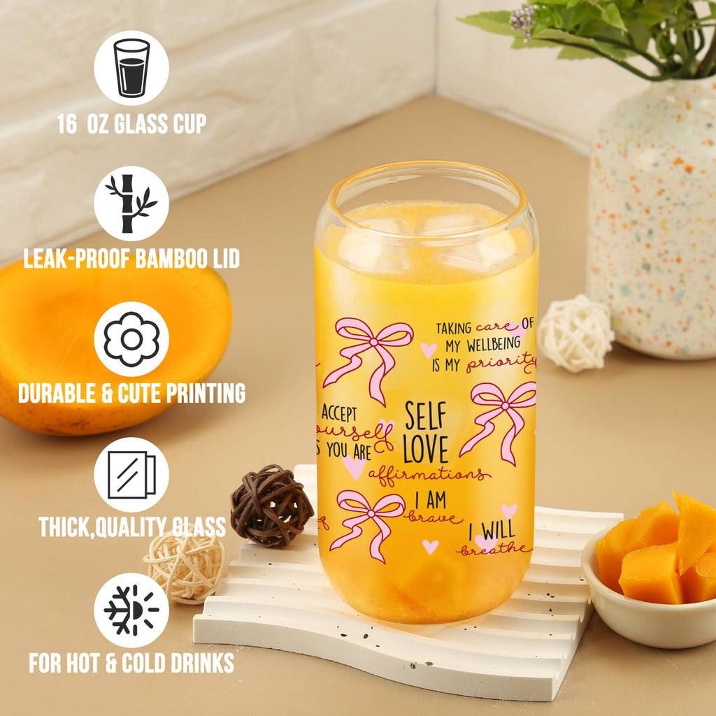 Cherry Bow Cup, Birthday Gifts for Women, Girly Gifts for Her, Sister, Mom, Colleague - 16 OZ Glass Tumbler with Straw & Lid, Coquette Iced Cup