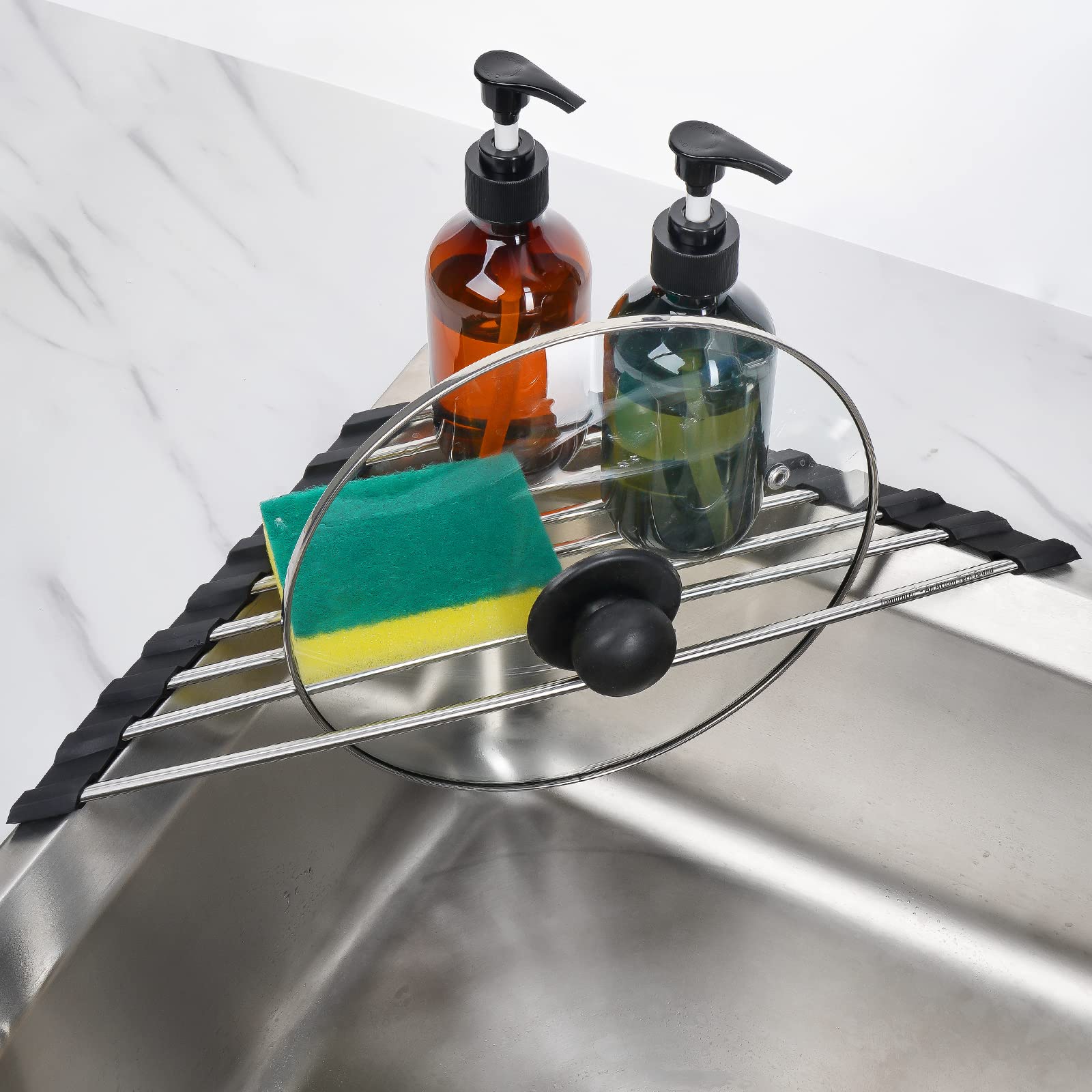 Triangle Foldable Dish Drying Rack, Small Roll-Up - Stainless Steel Over Sink Drainer for Kitchen Sink Corner, Rustproof