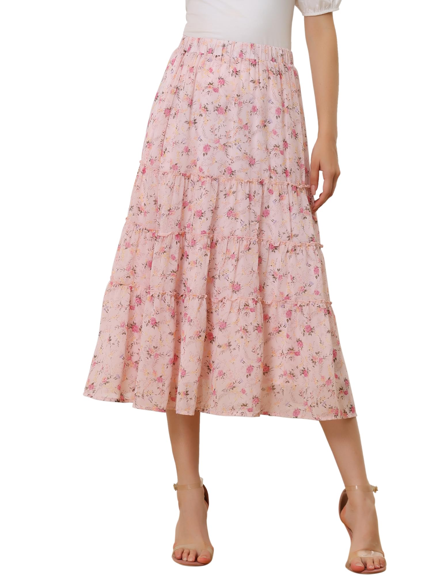Women's Floral Skirt Chiffon A-line Long Tiered Ruffle Boho