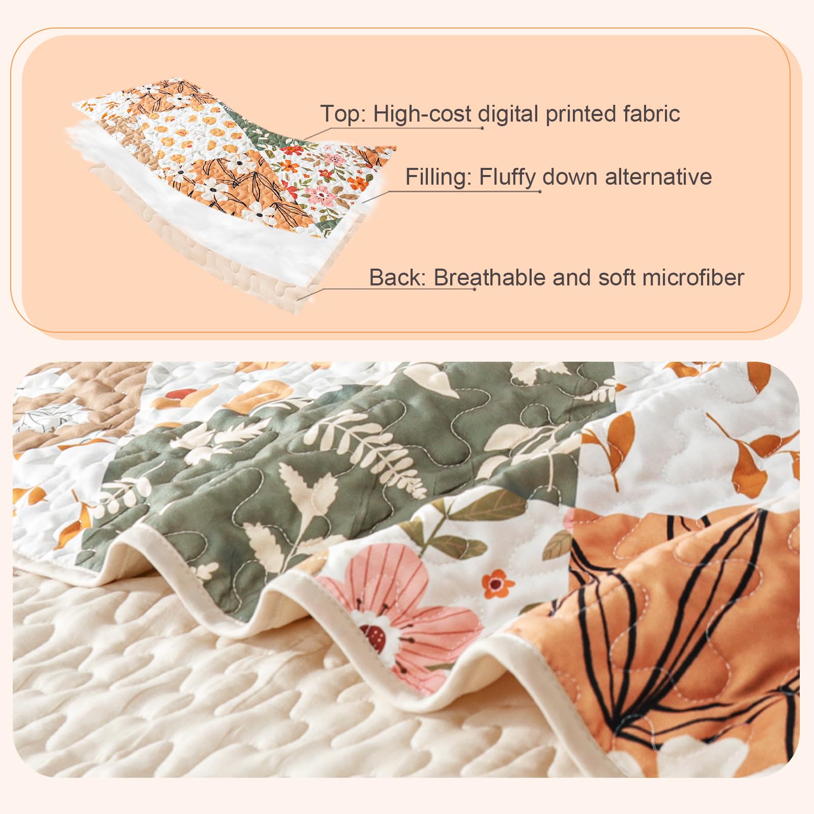 Reversible Patchwork Quilts Full Size, Lightweight Boho Printed Bedspreads Coverlets Quilt Bedding Set with 2 Pillow Shams