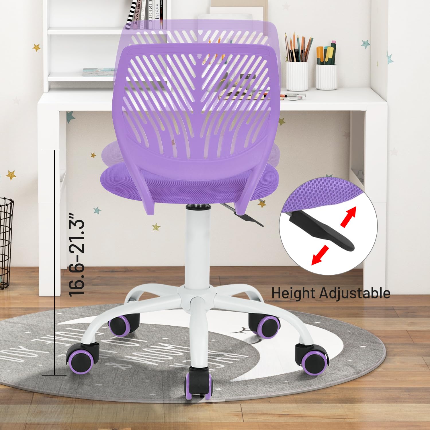 Study Desk Chair Armless Cute, Ergonomic Small Swivel Adjustable Rolling Lightweight Task Chair with Wheels and Mesh Padded Cushion