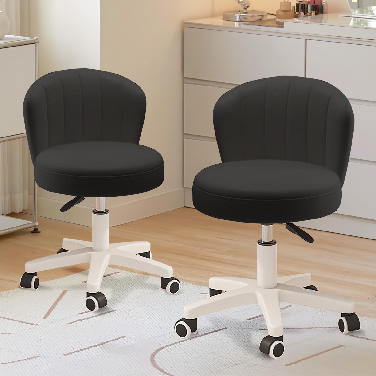 Small Desk Chair Round Rolling Chair with Back PU Leather Height Adjustable Swivel Vanity Work Computer Stool Chair