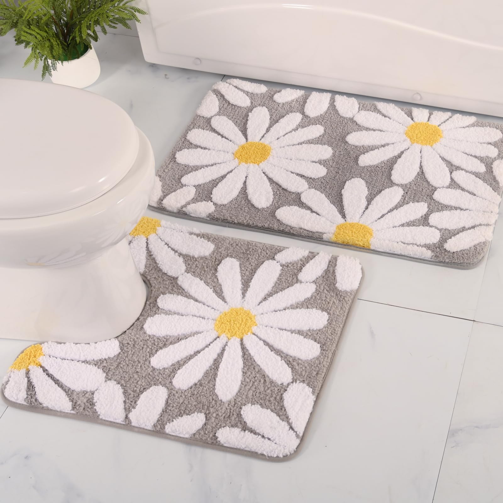 U Shaped Toilet Mat Cute Daisy Contour Bath Rug 20"x20", Extra Thick Soft Machine Washable Toilet Carpet, Non Slip Bathroom Floor Mats Super Absorbent Microfiber Bath Rugs