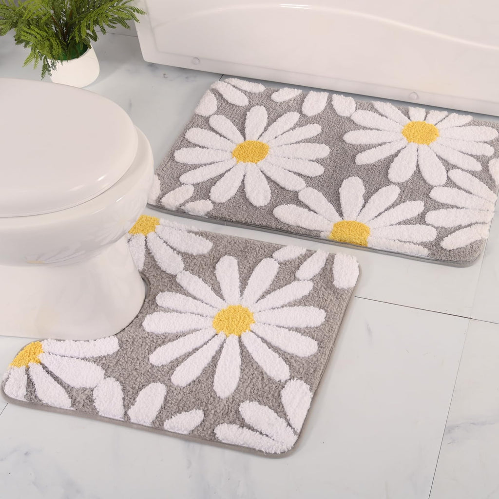 U Shaped Toilet Mat Cute Daisy Contour Bath Rug 20"x20", Extra Thick Soft Machine Washable Toilet Carpet, Non Slip Bathroom Floor Mats Super Absorbent Microfiber Bath Rugs