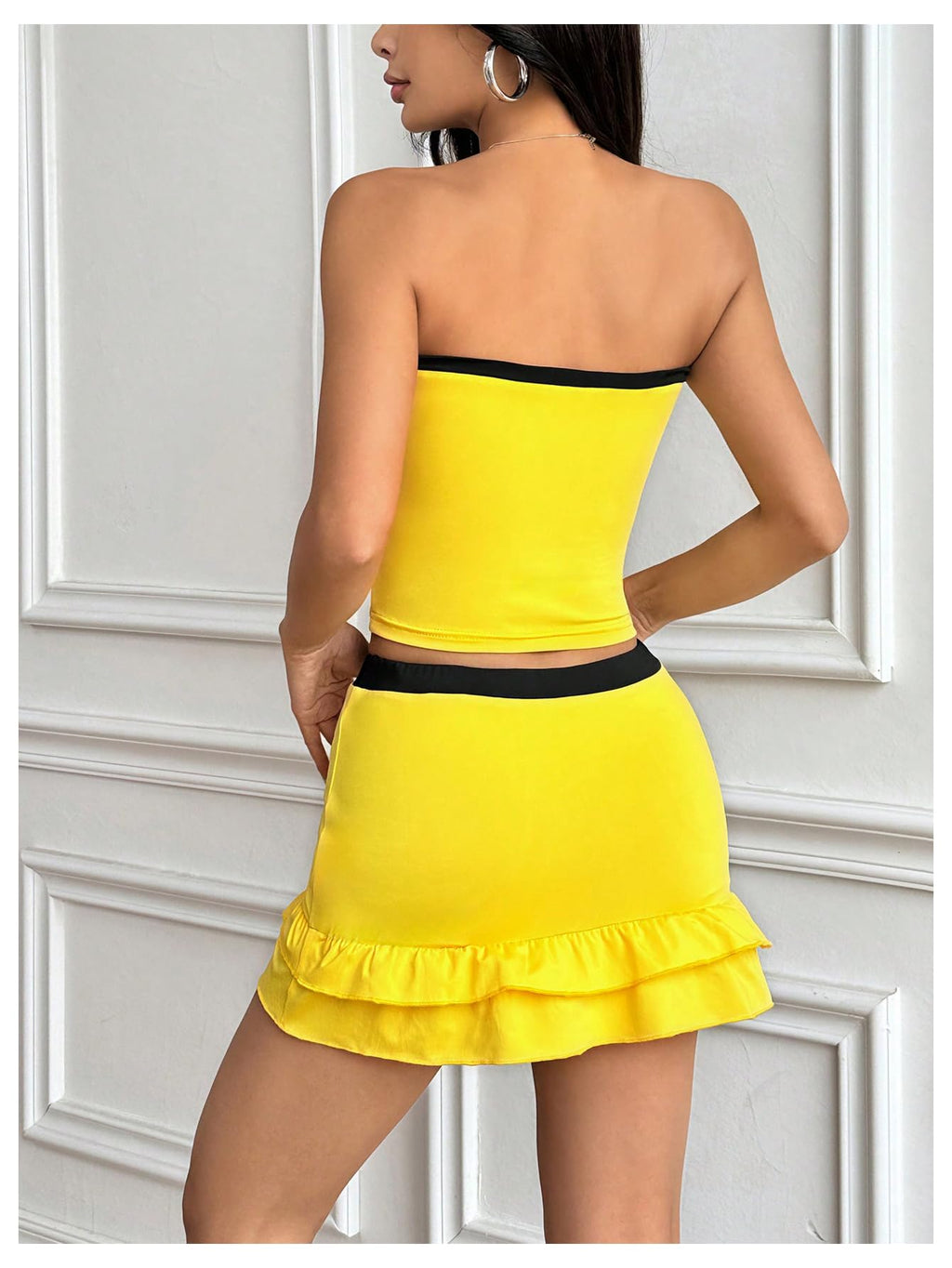 Women's Two Piece Outfit Number Print Strapless Tube Crop Tops and Ruffle Tiered Mini Skirt Set