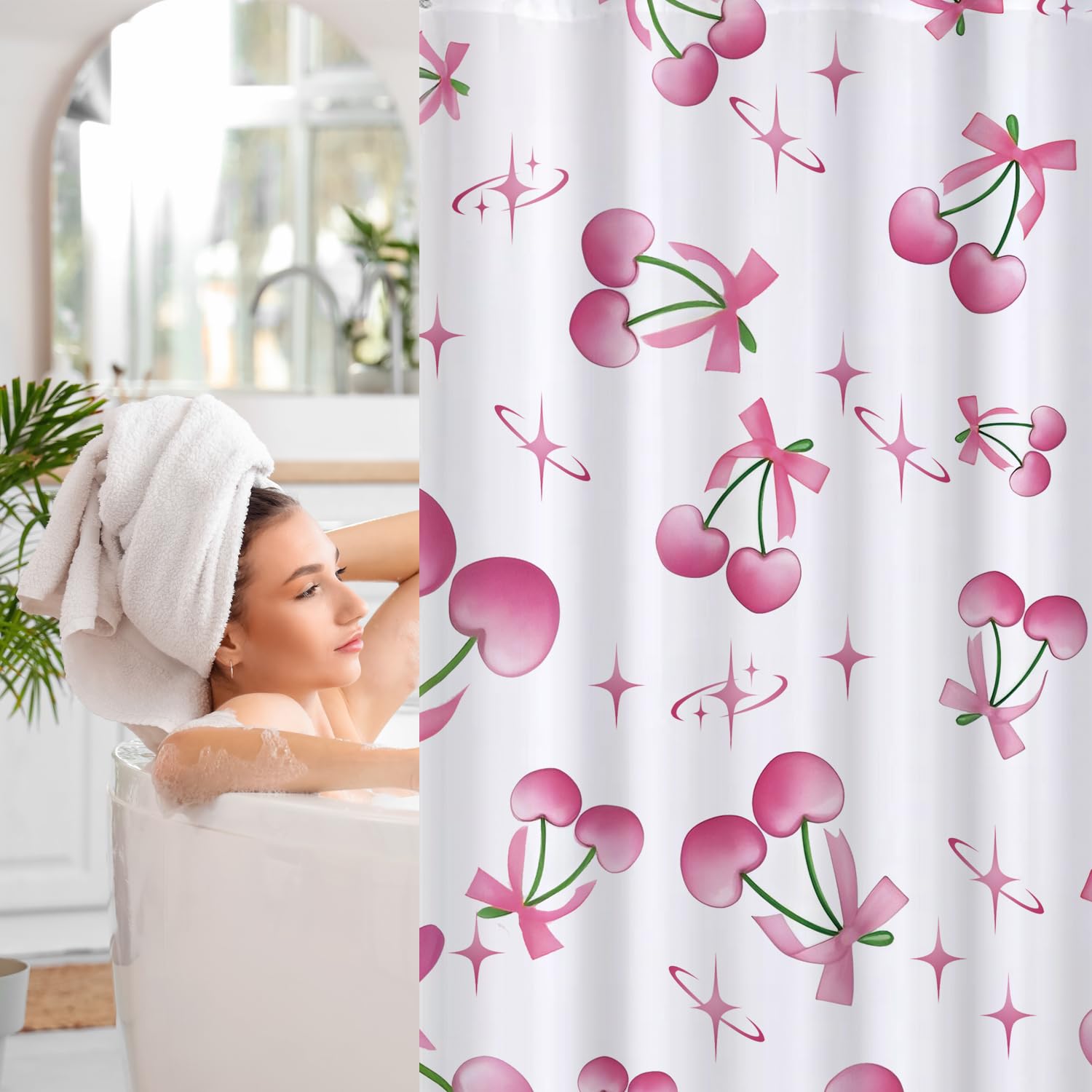Cute Shower Curtain for Bathroom Modern Aesthetic Funky Decorative, Pretty Chic Cloth Set with Hooks, 72x72 Inch