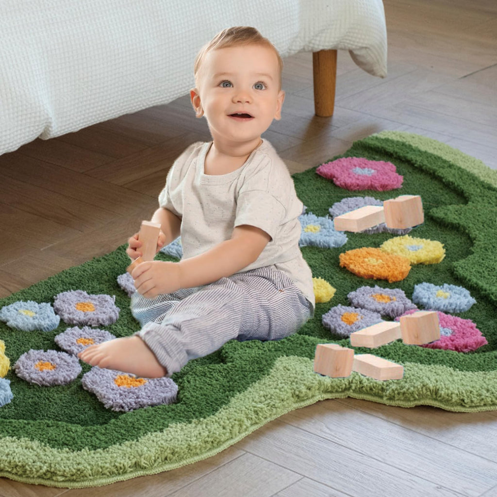 Moss Green Toilet Rugs, Luxury Tufted Extra Thick U-Shaped Toilet Rug,Cute Flower Green Moss Bath Mat Non Slip - Washable Water Absorbent Shag Bathroom Rugs for Bath