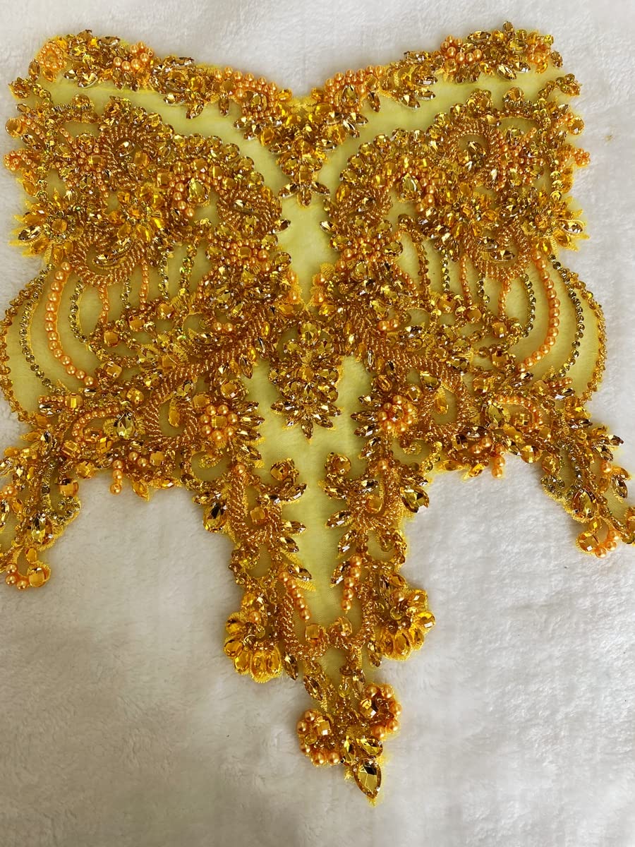 Handmade red/Blue/Gold/Green Rhinestones lace Bodice Applique Sewing Beads Crystal Trim Patches Accessory for Dress Clothes (Rose red)