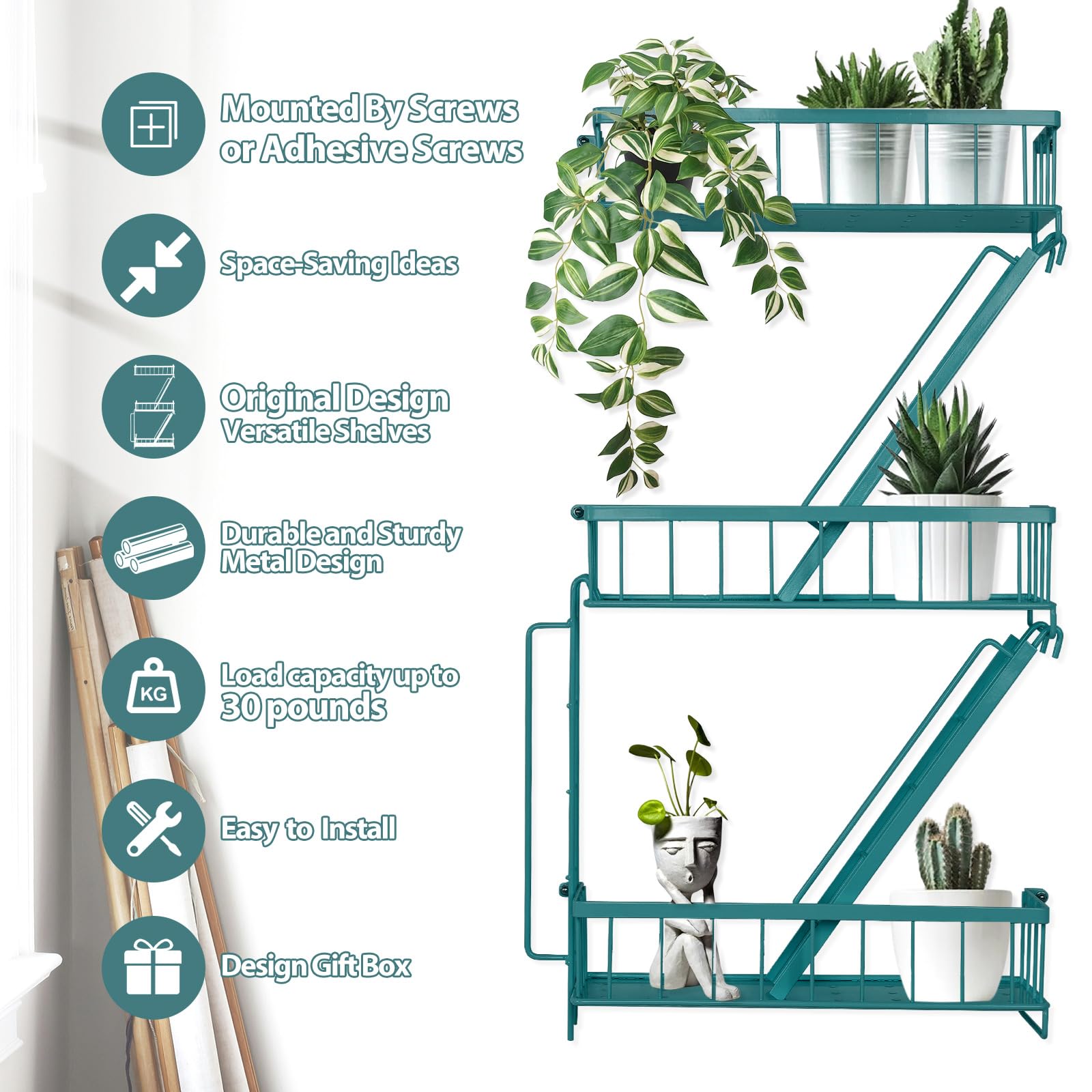 Fire Escape Shelf - Wall Decor Floating Shelves, Cute Metal Ladder Shelving for Bedroom, Home Decor Display (3-Tier)