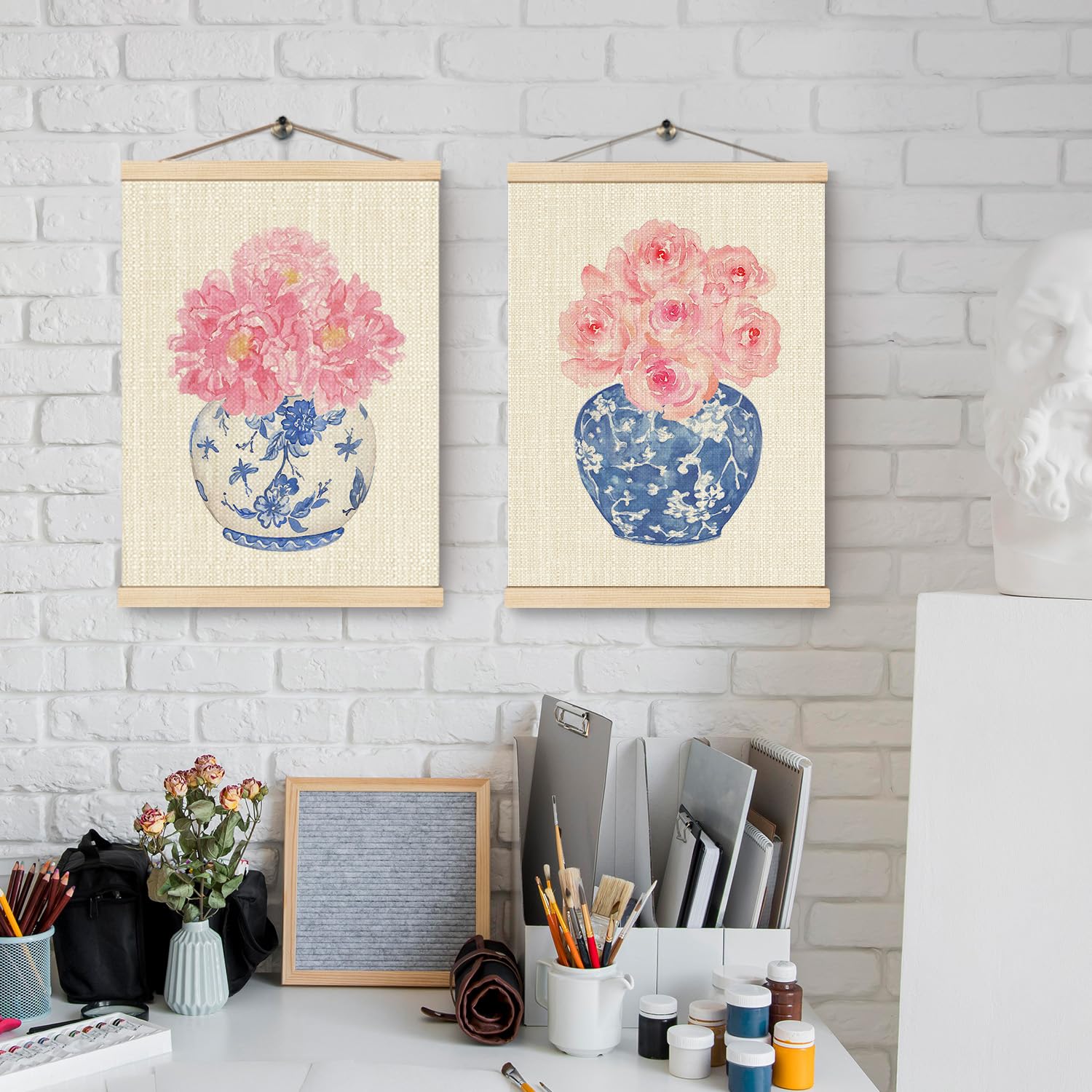 Chinoiserie Porcelain Poster Hanger Frame Floral Hanging Wall Decor