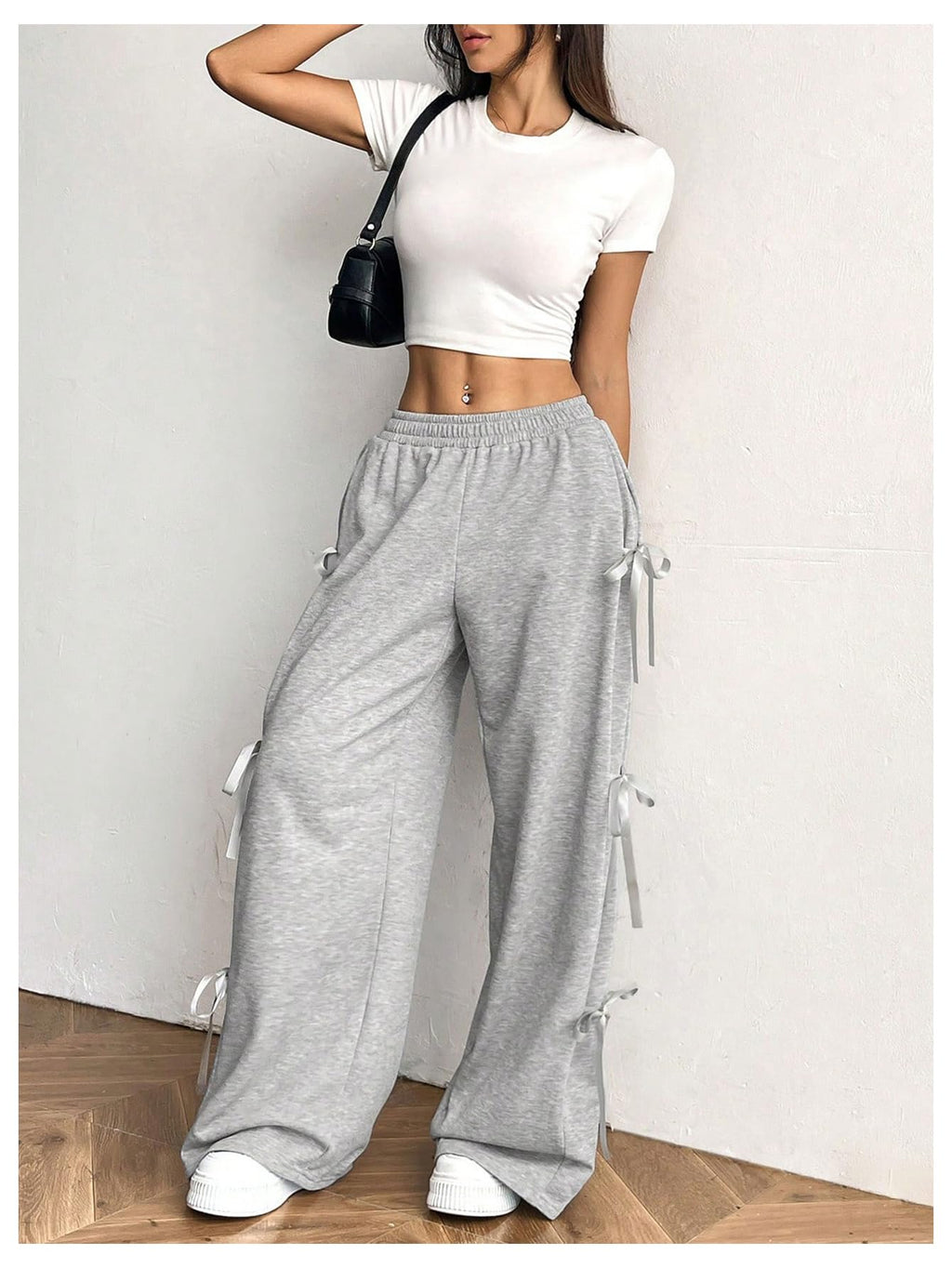 Women's Bow Wide Leg Sweatpants Elastic Waist Casual Baggy Pants with Pocket