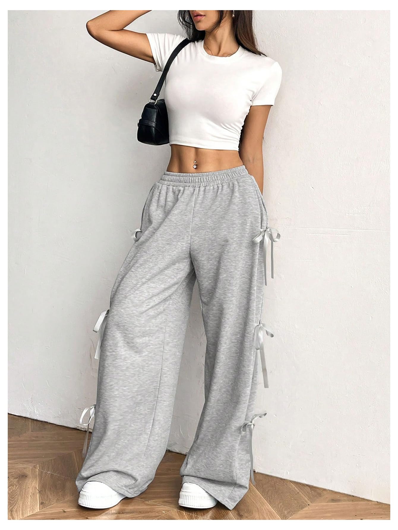 Women's Bow Wide Leg Sweatpants Elastic Waist Casual Baggy Pants with Pocket