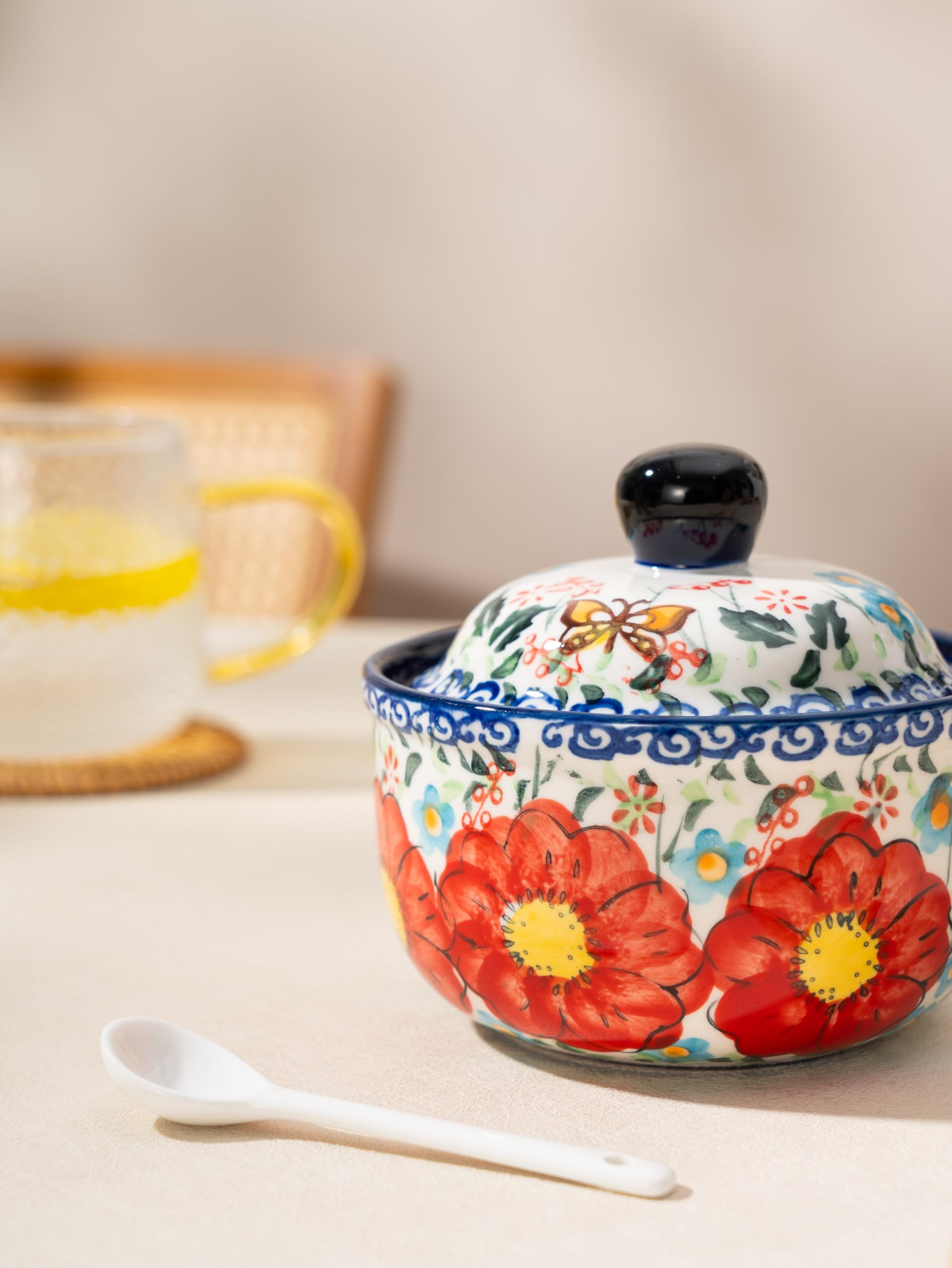 Handmade Sugar Bowl with Lid and Spoon, 10 Ounce Ceramic Hand-Painted Sugar Jar for Kitchen Oven, Dishwasher & Microwave Safe, Glazed