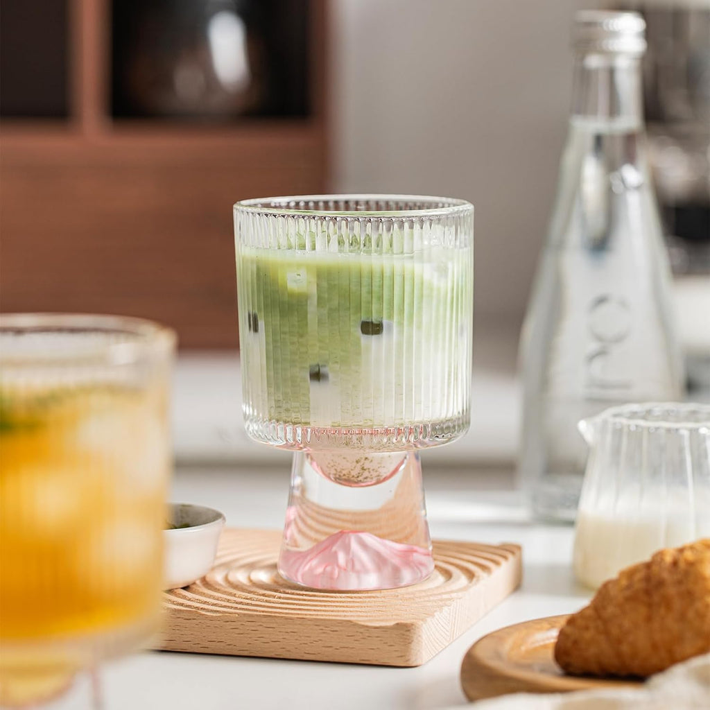 Durable Glass 4-Piece Clear Ribbed Cocktail Glasses, 12oz Featuring a Stabilizing Conical Base with a Pink Ombre Finish