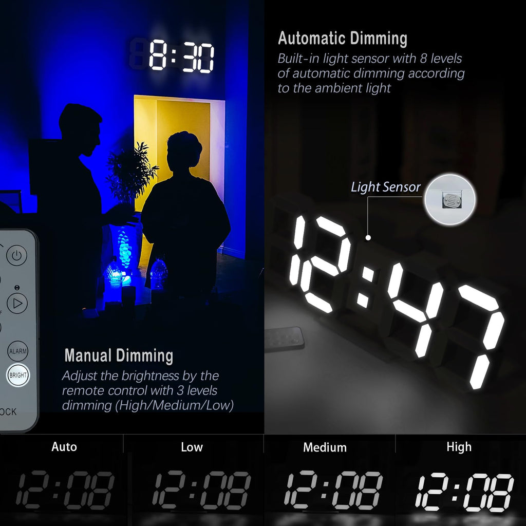 LED 3D Wall Clock 9.7" Clock with Remote/Dimming/12/24H/Temp/Alarm Clock/Date
