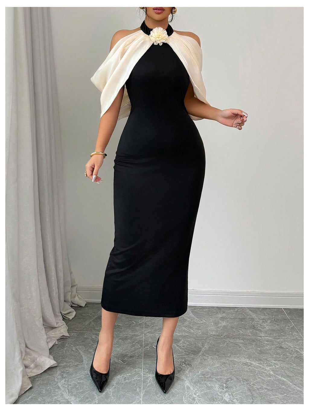 Women's 3D Floral Halter Dress Elegant Color Block Cold Shoulder Backless Bodycon Dresses