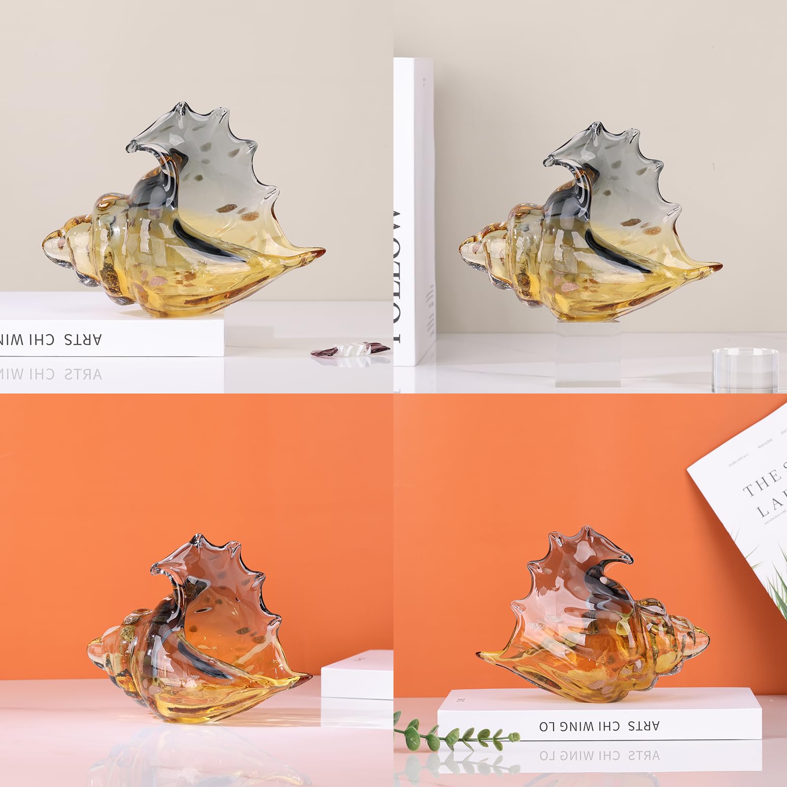 Hand Blown Glass Conch - Coastal Home Decor Conch Corners, Glass Art Conch Sculptures, Office Decor Blown Glass Art, Living Room Table Centerpieces, Bathroom Shelf Tops And Cabinet Decor