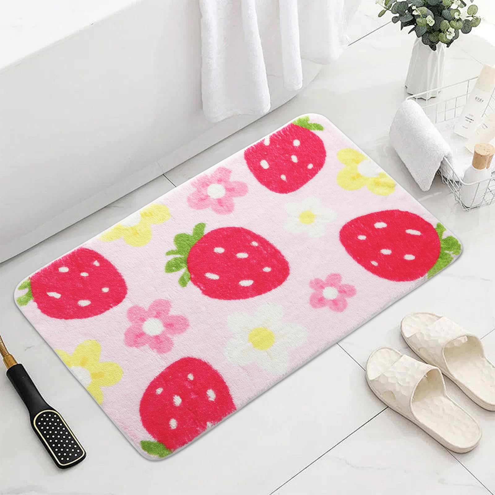 Cute Strawberry Flower Bath Mat, Green Bathroom Rugs Bathroom Accessories, Funny Colorful Non Slip Floor Bath Rug Machine Washable Absorbent Door Mats Tub Shower Bath Rug