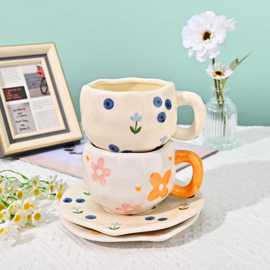 Ceramic Coffee Mug with Saucer Set, Cute Creative Cup Unique Irregular Design, 10 oz/300 ml