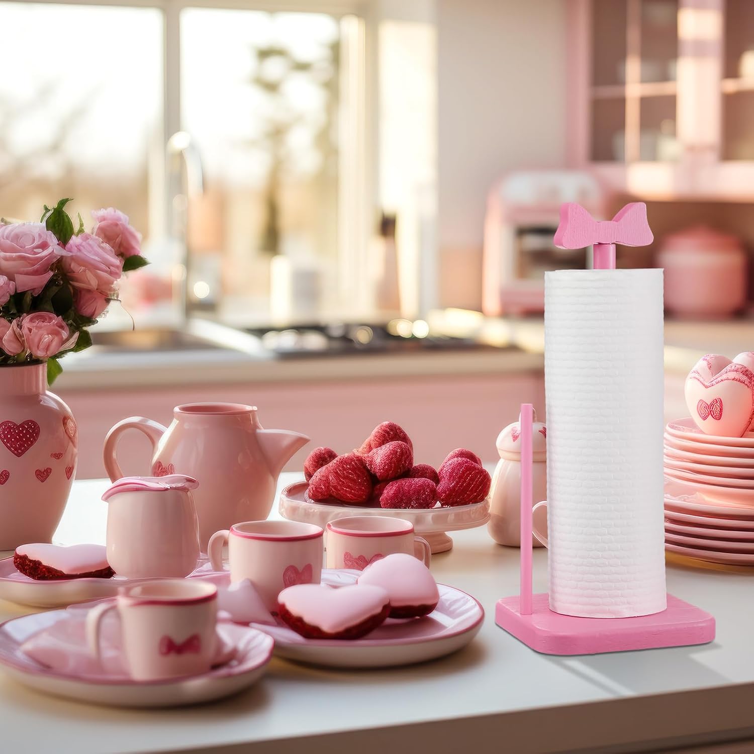 Pink Bow Paper Towel Holder Coquettish Cute Bow Wooden Paper Towel Holder Decor