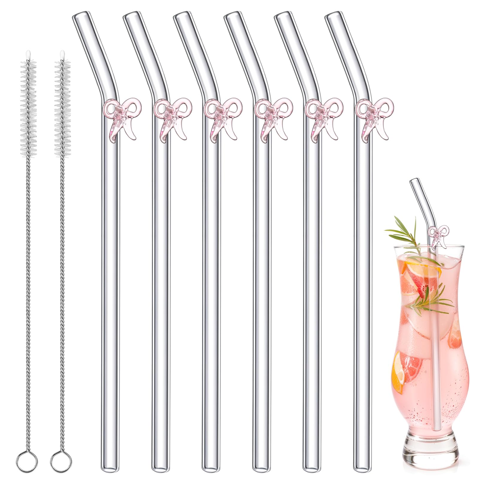 Reusable Glass Straw with 2 Cleaning Brush, Charm Cute Colorful Pattern Sticky Reinforced Glass Shatter Resistant Straw 6 Pcs