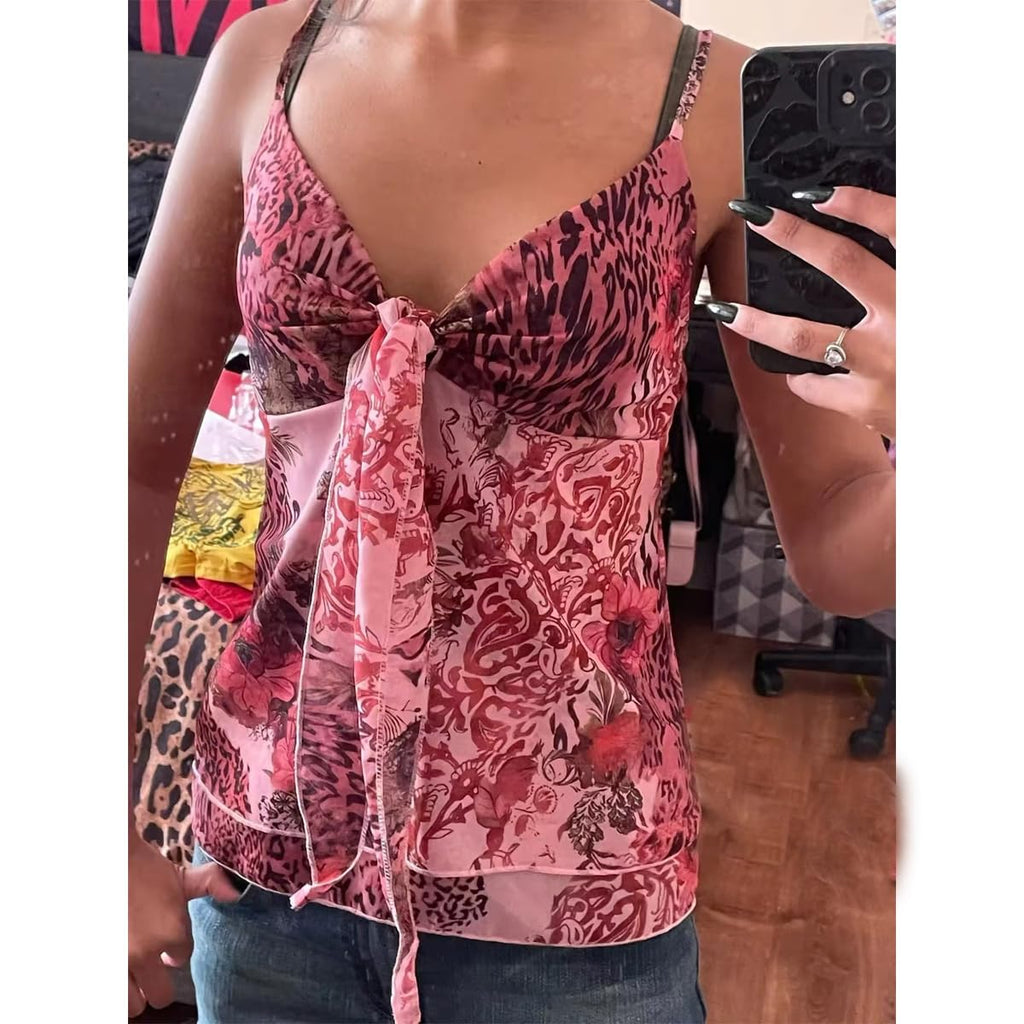 Emo Coquette Cropped Top Grunge 2000s Spaghetti Strap Tops Streetwear Vintage Camisole Y2k Cheetah Tops