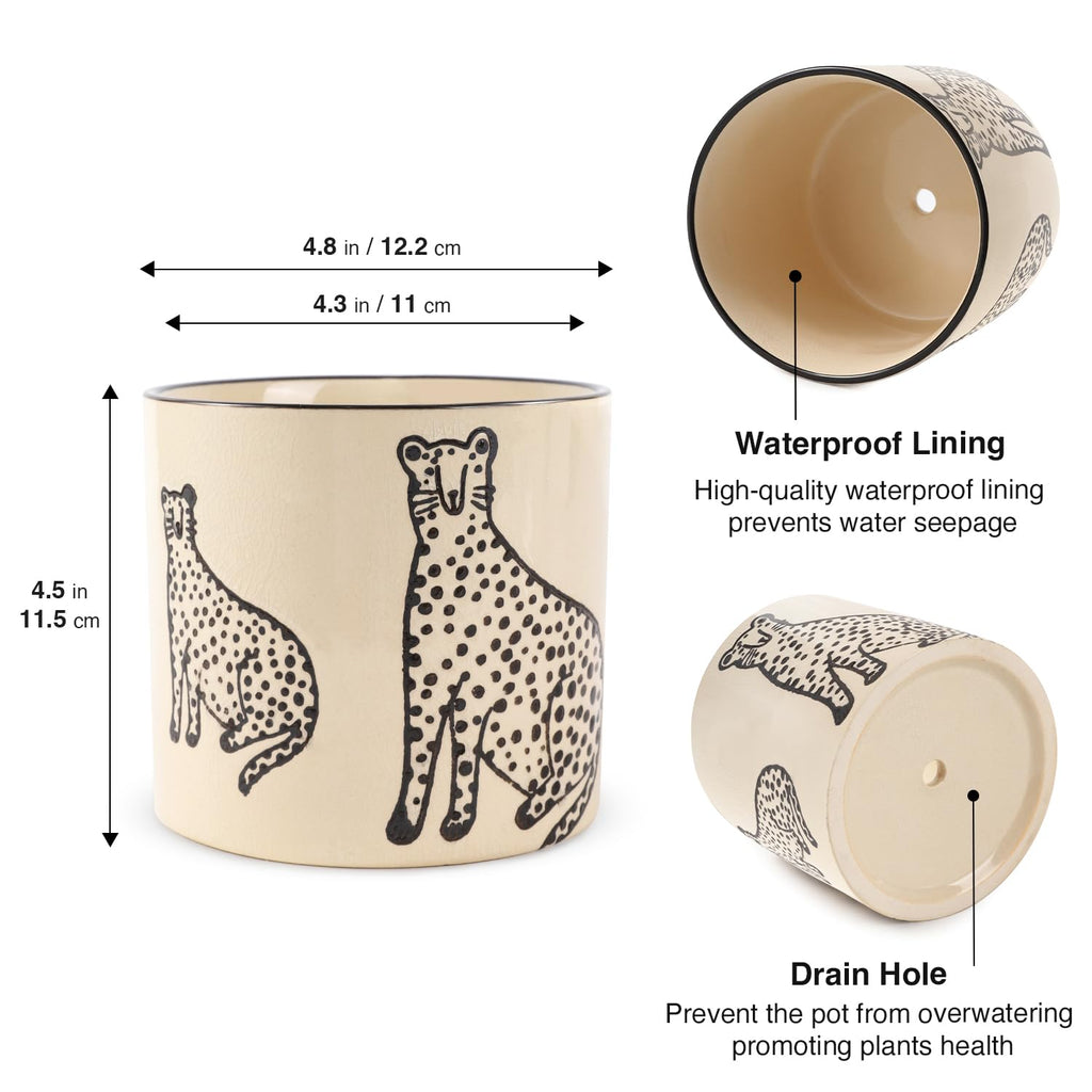 Ceramic Planters for Indoor Plants, Small Plant Pots with Drainage, Unique Decorative Cute Flower Pot Panthers Round Flowerpots 5 Inch