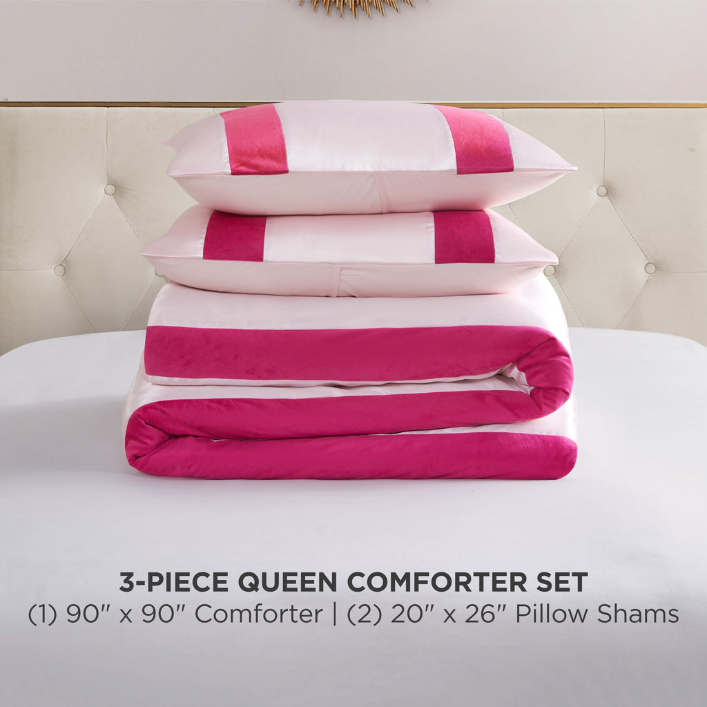 Juicy Couture Velvet Stripe on Satin Pink Comforter Set - 3 Piece Luxury Bedding Ensemble