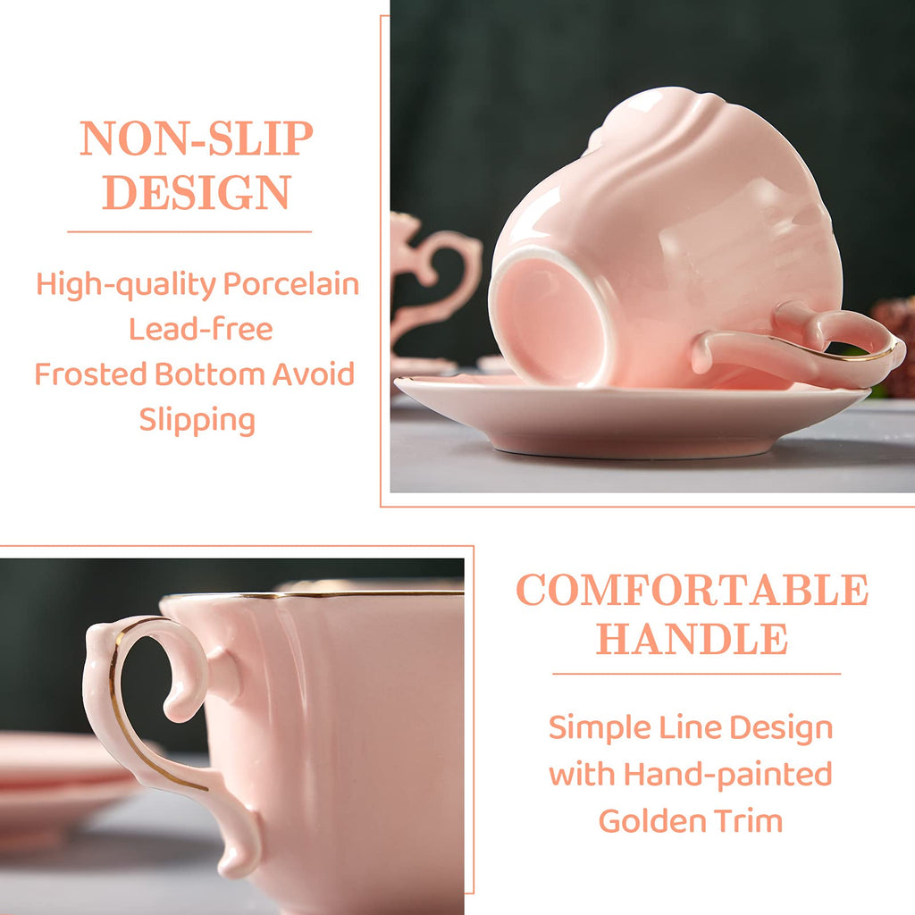 Tea Cups and Saucers with Golden Trim, Petal Edge Coffee Cups with Metal Stand