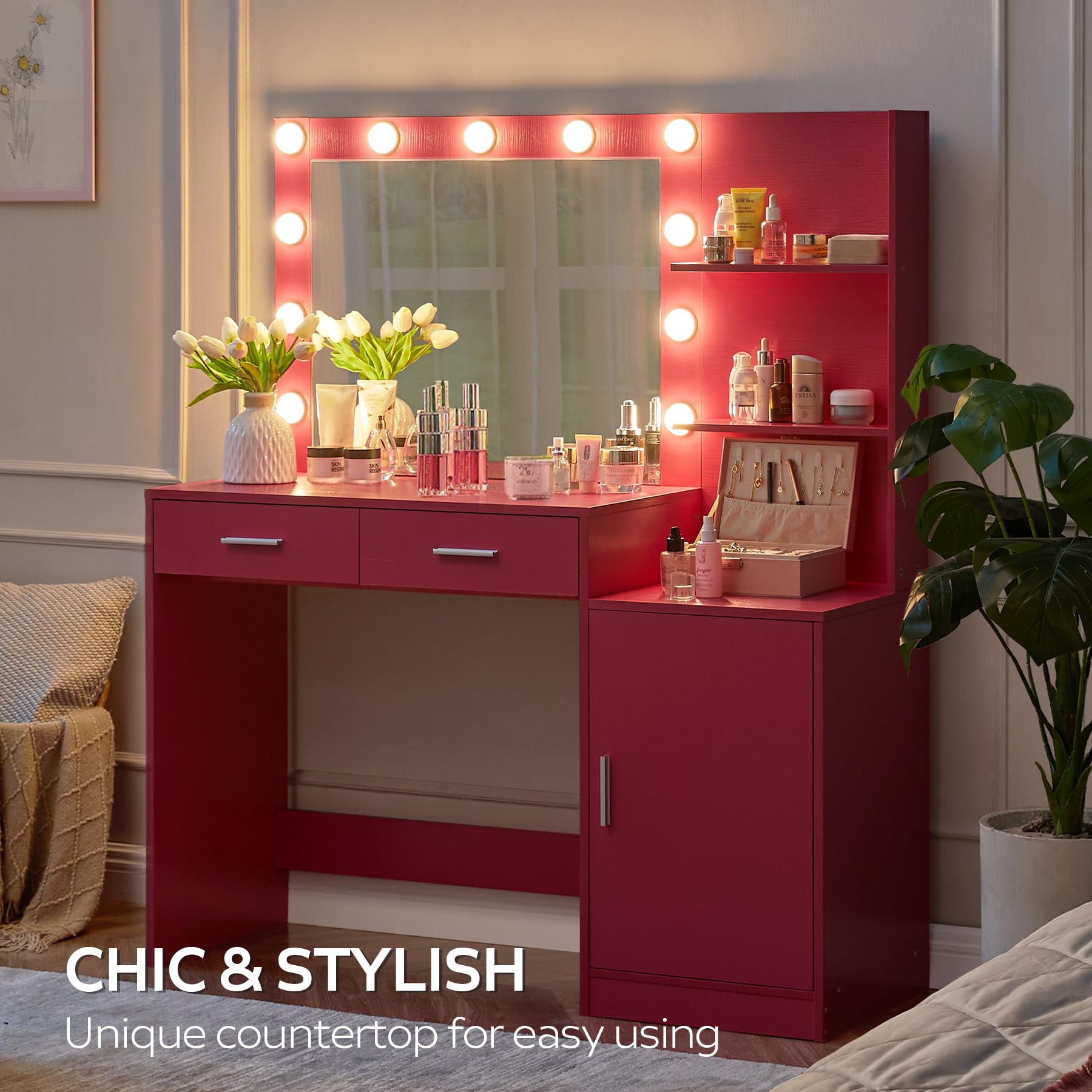 Vanity Desk with Mirror and LED Light Strip,Dressing Table with Large Drawer, 3 Level Storage Dresser & 3 Lighting Modes Adjustable Brightness