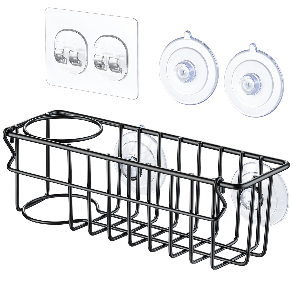 Sponge Holder for Kitchen Sink with Suction Cups & Adhesive Hook, In-sink Sponge Holder, Wall Hanging Sink Caddy Organizer Rack 3-In-1