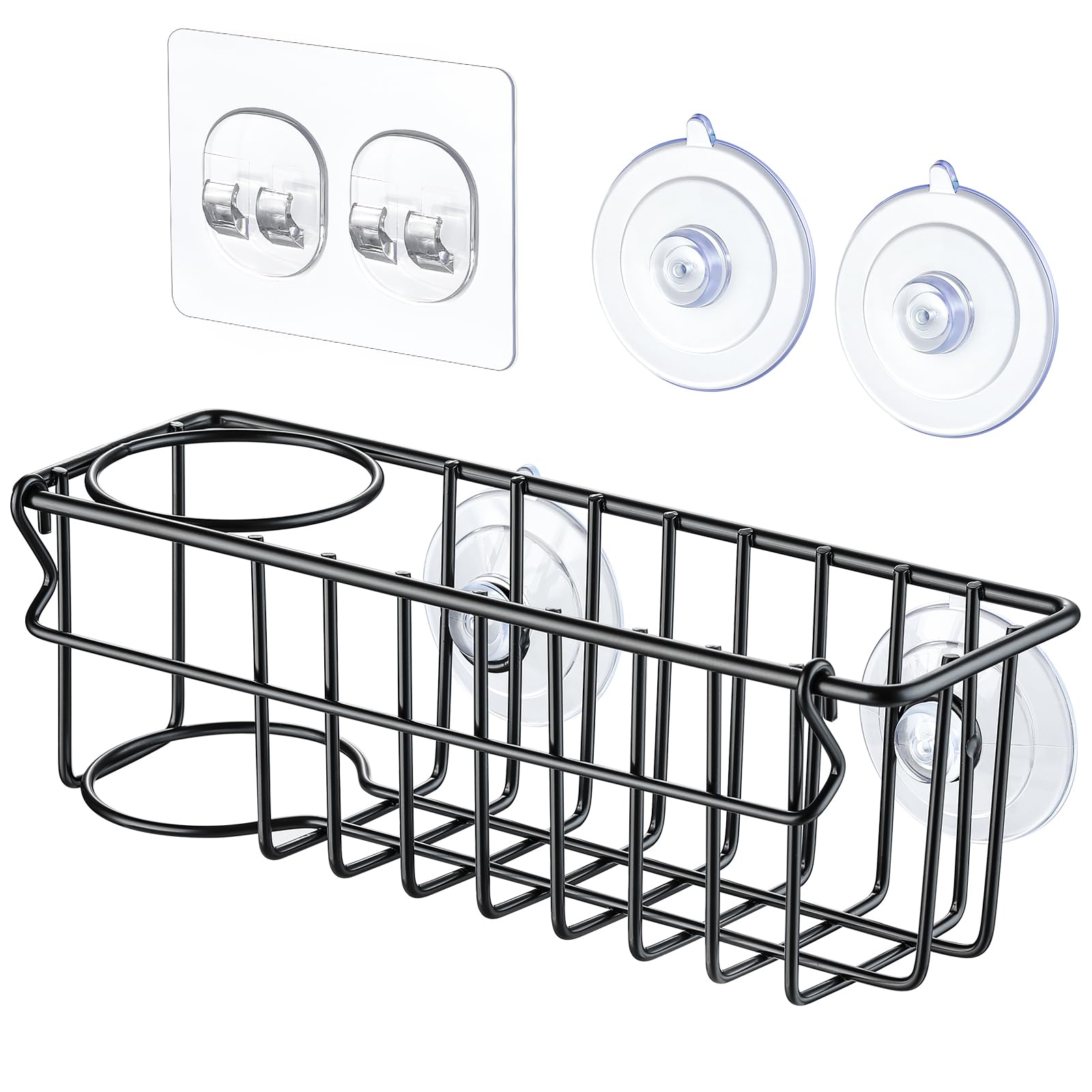 Sponge Holder for Kitchen Sink with Suction Cups & Adhesive Hook, In-sink Sponge Holder, Wall Hanging Sink Caddy Organizer Rack 3-In-1