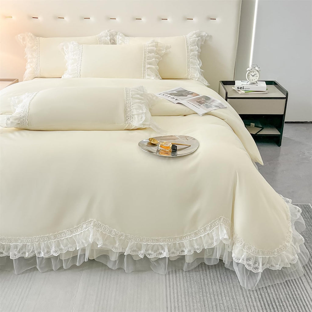 Chic Ruffle Lace Polyester Duvet Cover Set -Bedding-2 Piece Duvet Cover with Zipper Closure -Ultra Soft and Light Weight
